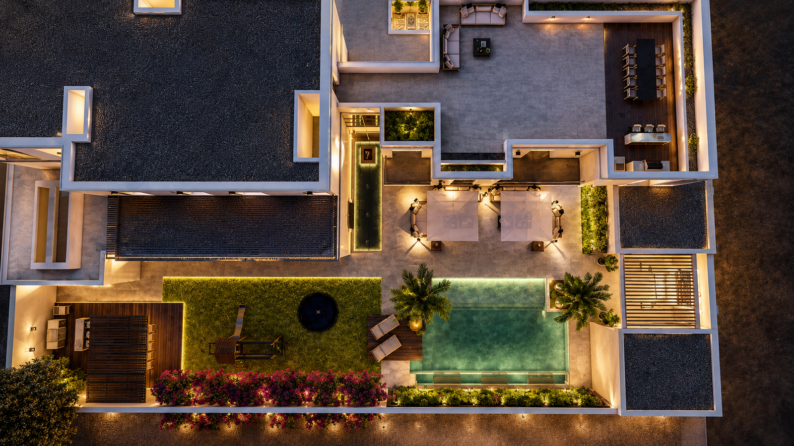 Villa — Aerial Evening View